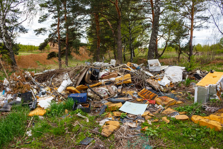 Huge pile of trash and discarded items polluting a natural forest landscape. Environmental blight and illegal dumping near treesの写真素材