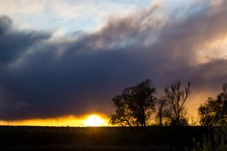 Dramatic golden sunset over rural horizon, casting silhouettes of trees against dark storm clouds. Vibrant warm light illuminates the sky before duskの写真素材