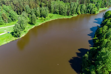 Pond artificially created on a small river surrounded by forest, bird's eye viewの写真素材