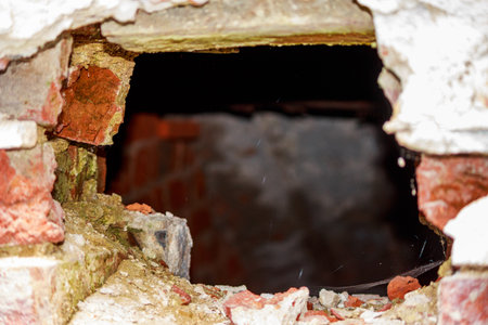 A hole in the wall of an old houseの写真素材