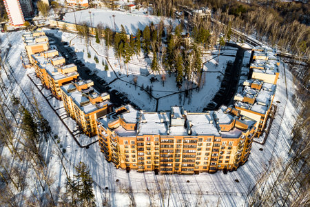 View from above of a residential complex built in a semicircle with an inner courtyard.の写真素材