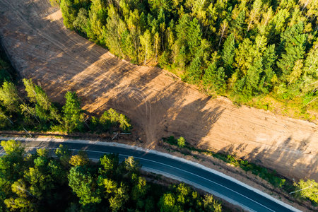 A cleared and leveled area in the forest near the road for building, aerial viewの写真素材