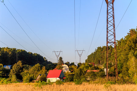 Summer cottage development located under a high-voltage power line, Russiaの写真素材