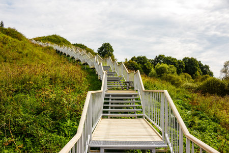 Stairs going up the slope in the territory of the landscape park. Borovsk, Russiaの写真素材