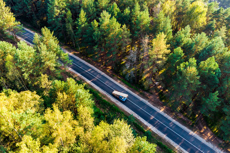 Aerial view of asphalt road going through forestの写真素材