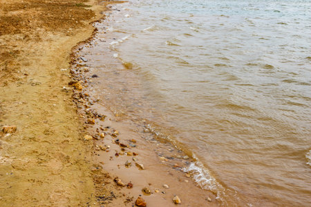 Serene waves gently wash a sandy, pebbly bank. Murky lake water meets the textured shore, scattered with small stones. Natural waterside sceneの写真素材