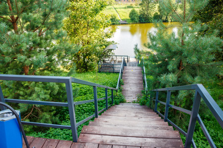 Scenic wooden stairs winding down to a cozy pondside perch. Lush summer foliage frames this inviting nature escape, perfect for serene momentsの写真素材