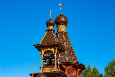 Wooden Orthodox Church with Crosses in Traditional Russian Style, Russiaの写真素材