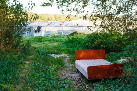 Bed in the shade of trees near farm greenhouses, outdoor recreationの写真素材