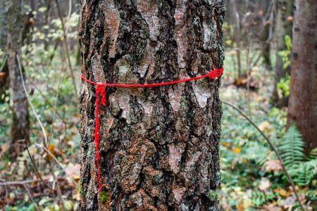 Vibrant red yarn cinches a rugged tree trunk, serving as a path marker amidst the tranquil autumn woodland ambianceの写真素材