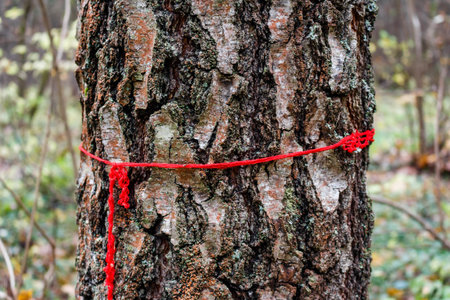 Vibrant red thread marks a path on a textured tree trunk in an autumn forest. A distinct signpost for hikers and explorersの写真素材