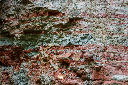 Vivid mottled clay strata exposed in a ravine bank, showcasing natural earthy textures and colorful geological layersの写真素材