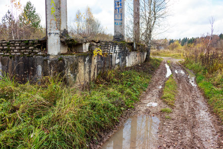 A rugged muddy path stretches past crumbling concrete pillars and an overgrown brick wall in an autumnal rural landscape under a cloudy skyの写真素材