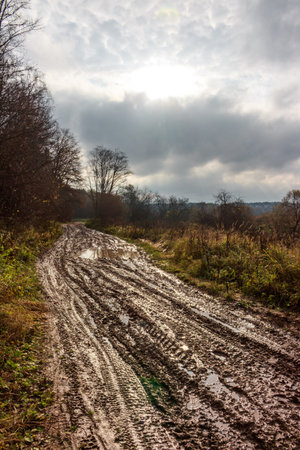 Deeply rutted, muddy path winding through an autumnal rural scene, reflecting a cloudy sky with a faint sun peeking throughの写真素材