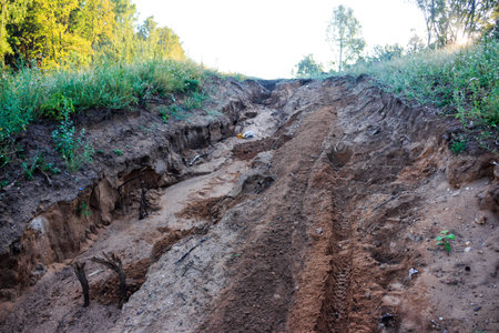 Steep sandy slope deeply eroded by rain. Fresh motorcycle tracks ascend the raw, rugged terrain, showcasing natural forces and off-road adventureの写真素材