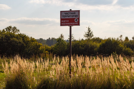 Private Property sign warns of video surveillance amidst a sunlit field of golden autumn grasses and lush green foliage under a soft sky.の写真素材