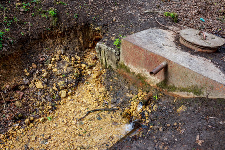 Rustic forest spring, water flowing from an aged pipe into a stony stream. A secret forest oasis...