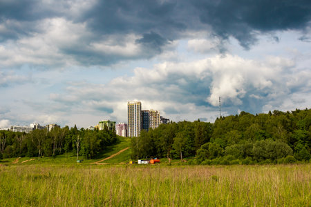 Modern high-rise buildings peek over a vibrant green hill and lush forest under a dramatic, cloudy sky, highlighting urban development near natural landscapesの写真素材