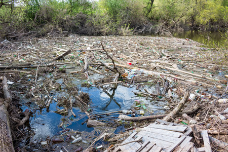 A waterway is utterly choked with heaps of plastic bottles, assorted junk, and tree debris, starkly depicting an environmental messの写真素材