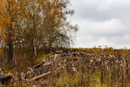 Stark environmental contrast: an illegal dump pollutes a rural field of autumn trees under a somber...