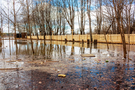 High water from river flooding submerges land, floating debris near a wooden fence and bare spring treesの写真素材