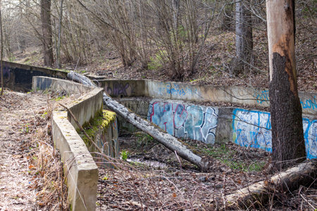 Dilapidated concrete drainage channel overgrown with moss and brush, featuring vibrant graffiti and a fallen log obstructing the small stream below in a springtime woodland settingの写真素材