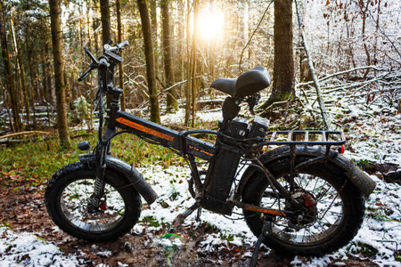 Rugged black electric fat bike parked on a muddy, snowy forest trail with bright sun flare shining through the trees: Russia - November 15, 2025のeditorial素材