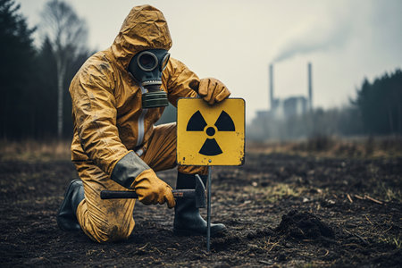 A person in a yellow hazmat suit and gas mask hammers a radiation warning sign into the dirt, with smokestacks in the distanceの素材