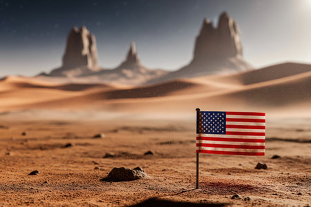 Vibrant American flag planted firmly on a desolate alien surface, symbolizing ambitious space exploration and humanity's cosmic reach into uncharted territoriesの素材
