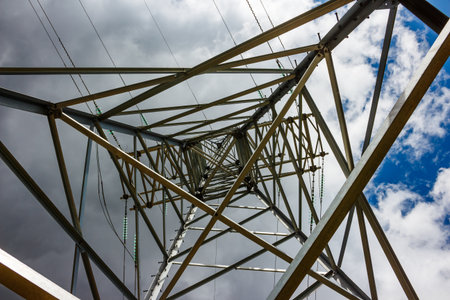 View from inside of a metal support of a high-voltage power line