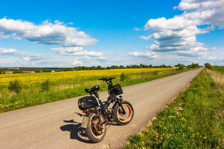 Fatbike bicycle against the backdrop of an asphalt road stretching into the distance in the countryside: Russia - May 20, 2025のeditorial素材