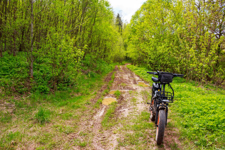 Black fat tire electric bike parked on a muddy forest trail surrounded by vibrant spring green foliage: Russia - May 7, 2025のeditorial素材