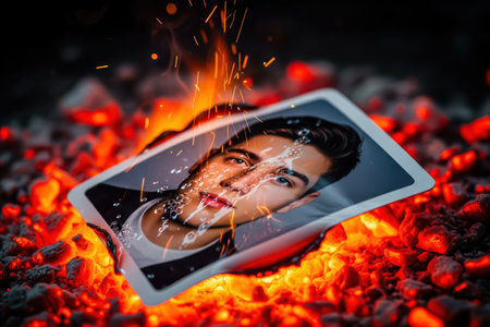 Glossy portrait of a handsome young man melting in intense fire and glowing embers, symbolizing the dramatic end of a relationship or breakup dramaの素材
