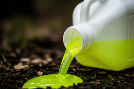 Vibrant toxic fluid pours from a discarded jug, polluting dark forest ground with bright neon spillの素材