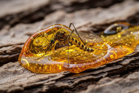 Incredible macro shot capturing a mosquito caught in flowing golden tree resin, the beginning of amber fossilizationの素材