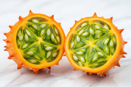Vibrant horned melon cut in half reveals shocking green jelly and white seeds on bright marble surfaceの素材