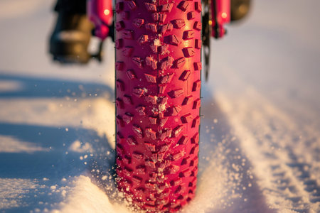 Vibrant pink fat bike tire treads gripping fresh snow, capturing the dynamic motion of winter cycling close-upの素材