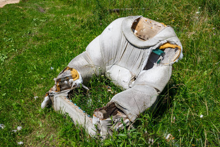 An old chair with no bottom and grass growing through it standing outdoorsの写真素材