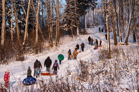 Happy people and kids ascending a steep snowy hill in a sunny winter forest, ready for exciting inflatable snow tubing adventures: Russia - January 1, 2026のeditorial素材