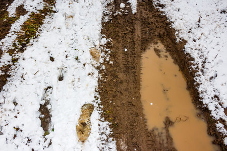 Snow and mud on a dirt road in Novemberの写真素材