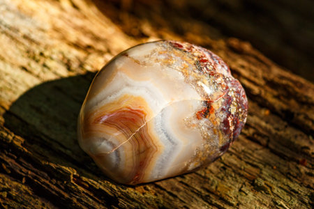 Beautiful specimen of polished agate with concentric-zoned pattern of red, yellow and white layers...