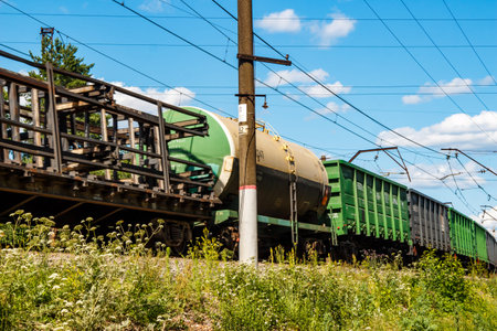 Freight train with different types of wagons moving along the railway: Russia - July 5, 2025のeditorial素材