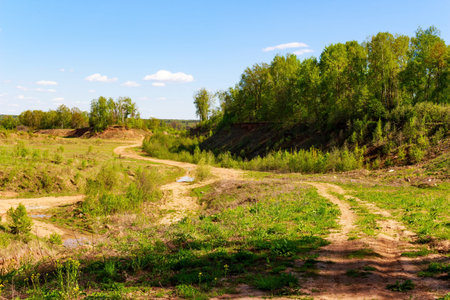 Winding dirt track through an old, sun-drenched sand pit with vibrant green foliage reclaiming the landscape under a bright blue skyの写真素材