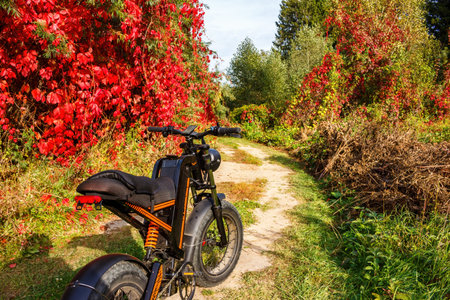 Powerful electric bike cruising along a sunny rural trail surrounded by dazzling crimson autumn leaves, highlighting eco-friendly travel and fall colors: Russia - September 21, 2025のeditorial素材