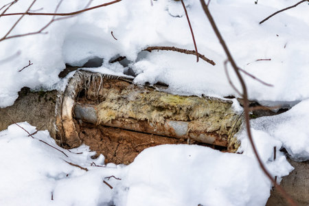 Exposed, tattered thermal insulation on a frozen outdoor pipe, buried in crisp winter snow, showing utility damageの写真素材