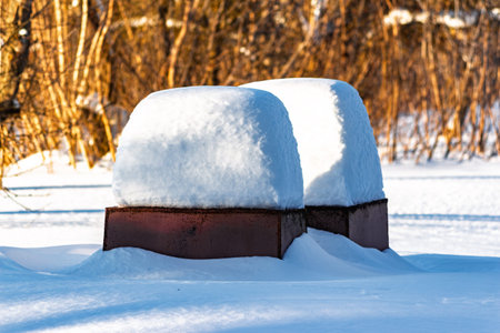 Two heavy-set refuse bins, completely blanketed in pristine snow, stand under a crisp winter sun....