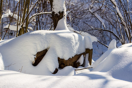 Abandoned cellar entrance hidden under deep, pristine snowdrifts in a winter forest, hinting at forgotten secrets and potential dangerの写真素材