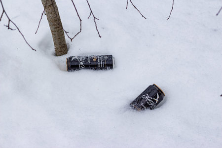 Two discarded Zhiguli beer cans lie abandoned in fresh winter snow near a bare tree branch, symbolizing litter and environmental neglect: Russia - February 15, 2026のeditorial素材