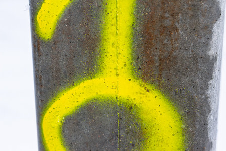 Vibrant yellow spray paint marking on a rough concrete pillar surface against a bright white...