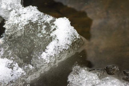 Sparkling early spring ice melts into the cool river. Detailed macro of slush by the bank,...